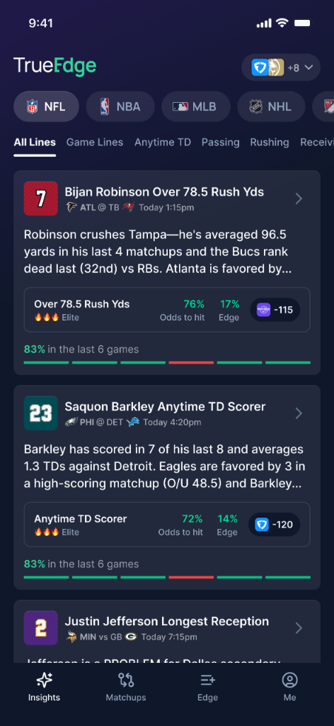 TrueEdge app showing NFL player props with AI insights and confidence scores
